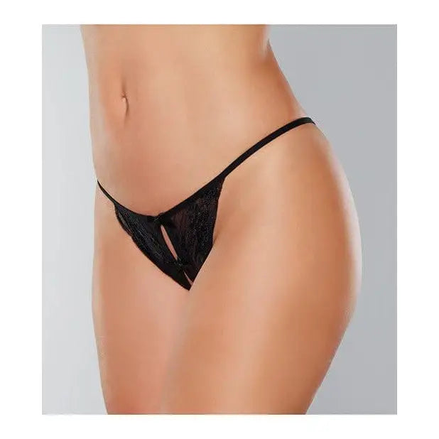 Black lace thong with double mini bow on a female torso - Adore ’Secrets’ Lace Panty