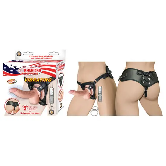 All American Whoppers 5 Vibrating Curved Dong W/balls Flesh & Universal Harness’ - Sextoys for Women