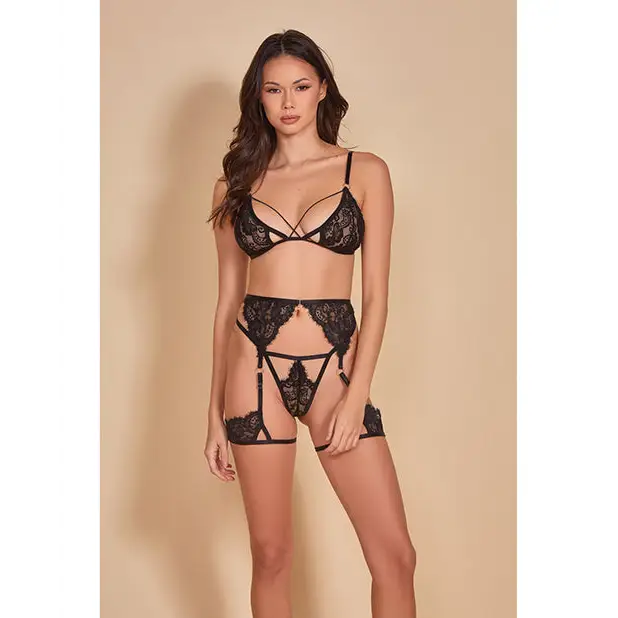 All Eyes On Me Eyelash Lace Bralette Garterbelt & Strappy G-string Black - Large - Lingerie Set