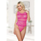 Blonde woman wearing Allure Halter & Lace Teddy, hot pink lace bodysuit with sheer panels