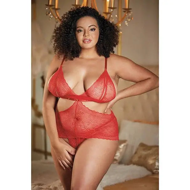 Allure Lingerie Chemise One Size Fits Most (Queen) / Red Allure Lace Peek A Boo Chemise & Ouverte G-String at the Haus of Shag