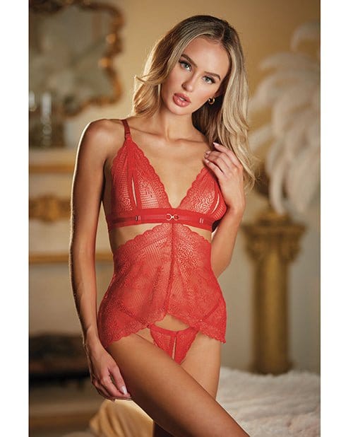 Allure Lingerie Chemise One Size Fits Most / Red Allure Lace Peek A Boo Chemise & Ouverte G-String at the Haus of Shag