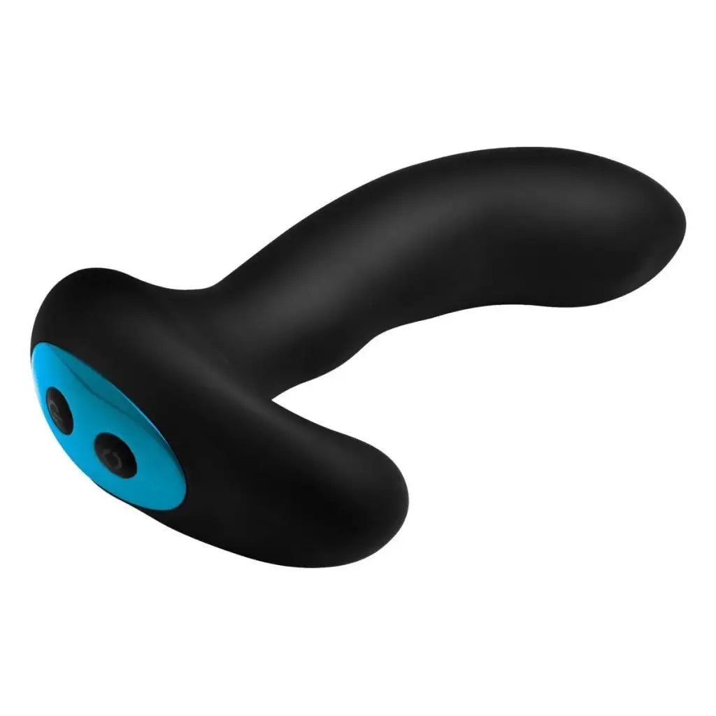 Curved black silicone 10X P-MASSAGE prostate stimulator with blue accents and stroking bead