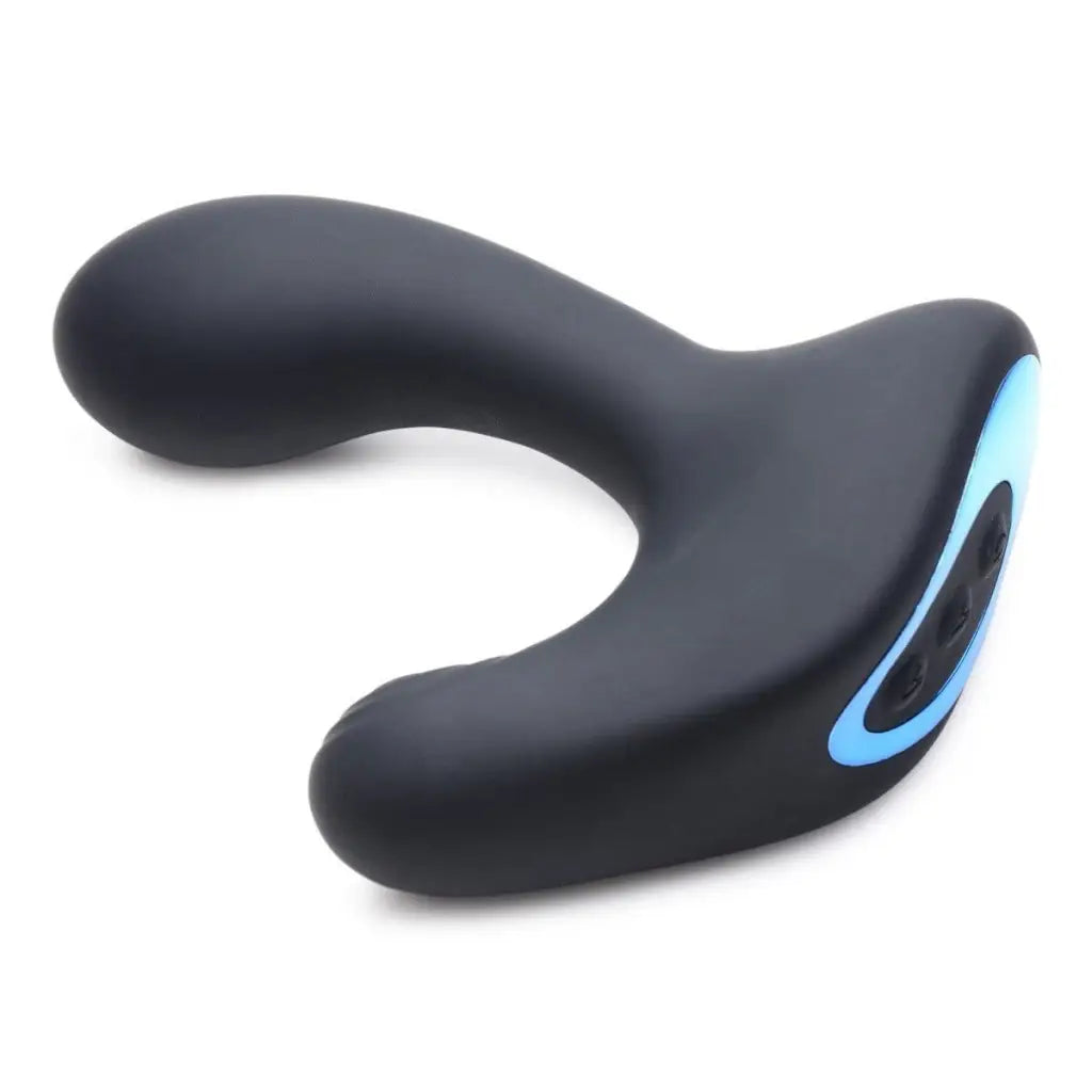 Curved black silicone massager with blue accent, Alpha-Pro 10X P-PULSE taint tapping stim