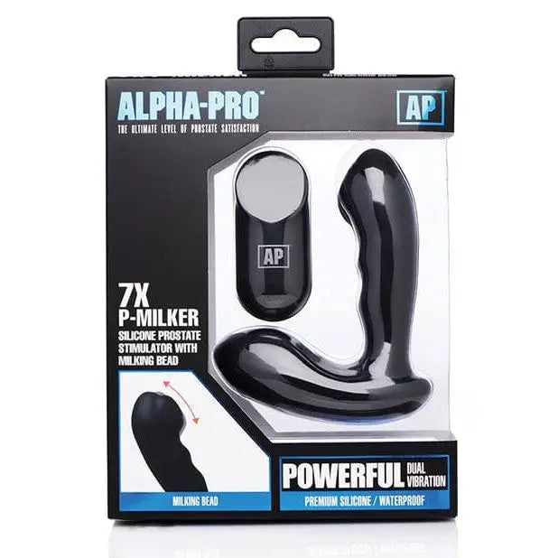 Curved black silicone Alpha-Pro 7x P-milker prostate stimulator with attached milking device