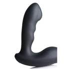 Alpha Pro vibrating prostate strap milker: Black silicone toy with curved shape and smooth surface