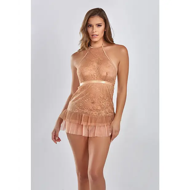 Amber Halter Lace Babydoll W/tiered Pleated Mesh Skirt Hem & G-string Brown - Large - Babydoll