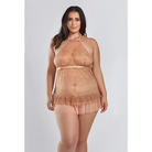 Amber Halter Lace Babydoll W/tiered Pleated Mesh Skirt Hem & G-string Brown - 2x - Babydoll