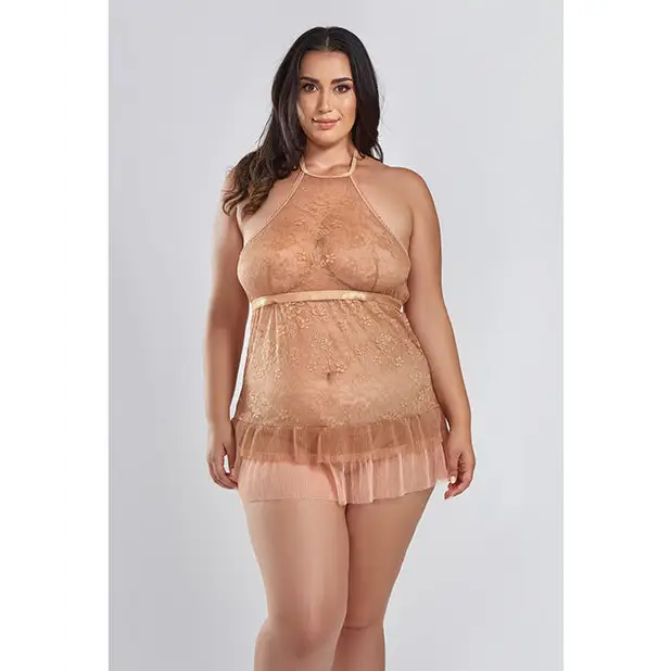 Amber Halter Lace Babydoll W/tiered Pleated Mesh Skirt Hem & G-string Brown - 2x - Babydoll