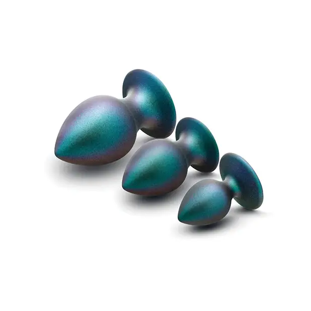 Three metallic blue eggs from the Anal Adventures Matrix Metaverse Plug Kit Dark Millenia