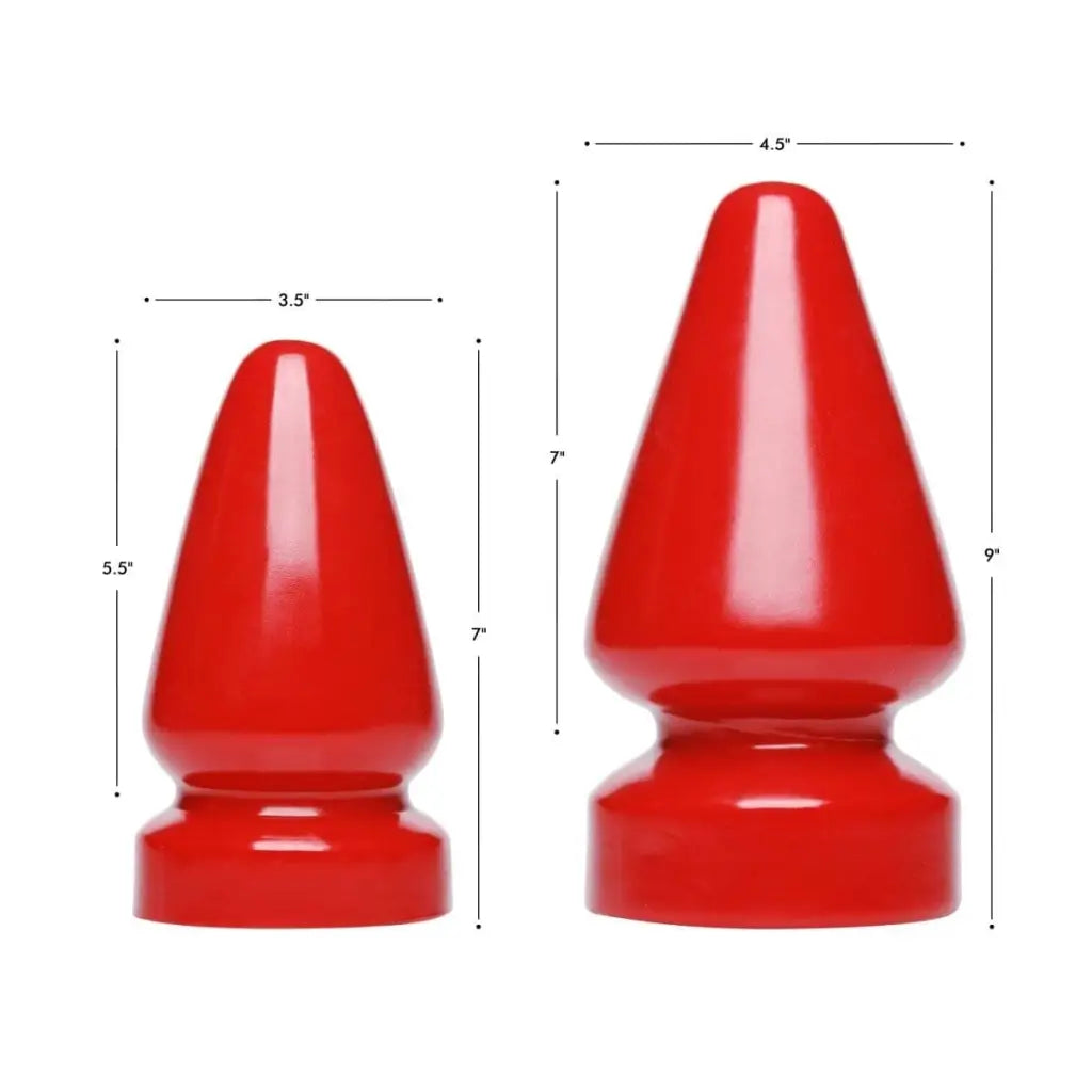 Two sizes of the Anal Destructor Plug, a red conical object with a rounded base