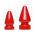 Two sizes of the Anal Destructor Plug, a red conical object with a rounded base