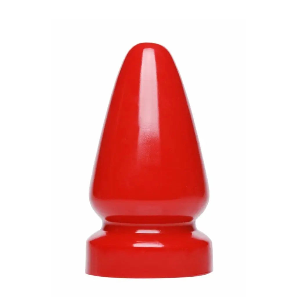 Red conical anal destructor plug with flared base for safe and intense stimulation