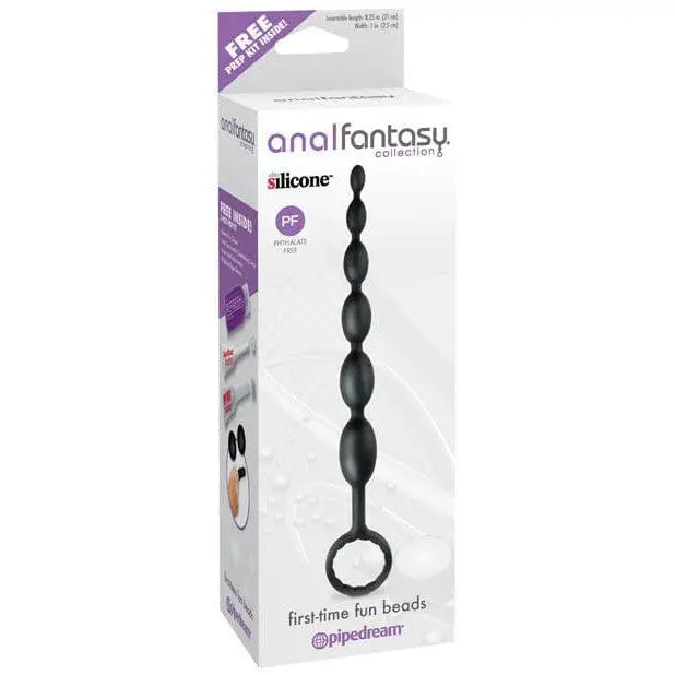 Anal Fantasy Collection First Time Fun Beads - Black silicone anal beads with ring handle