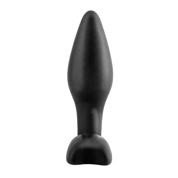 Black silicone anal fantasy plug with a tapered shape and flared base for safe use