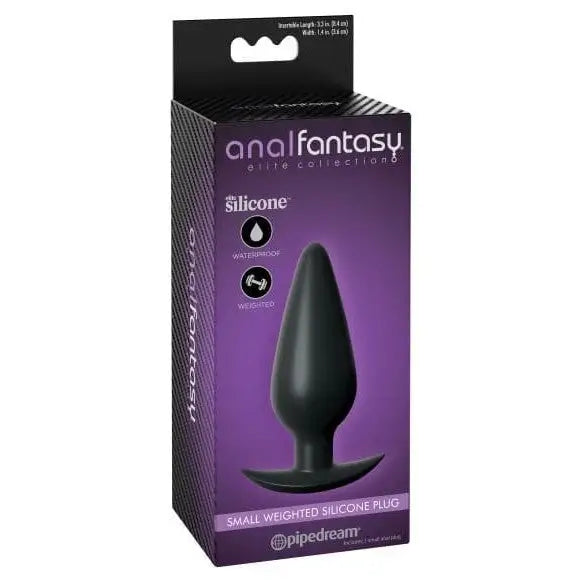 Black weighted silicone anal plug in purple Anal Fantasy Elite Small Weighted Silicone packaging