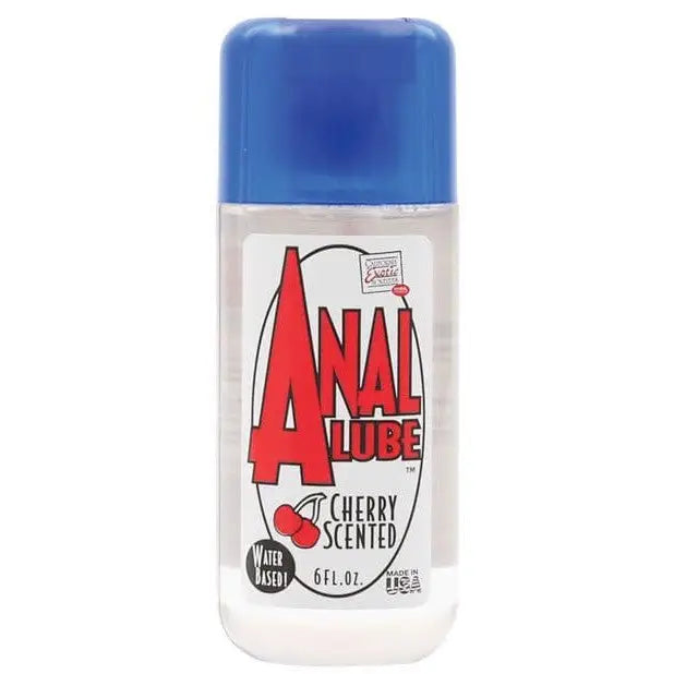 Cherry-scented anal lube bottle with blue cap and red logo from Anal Lube