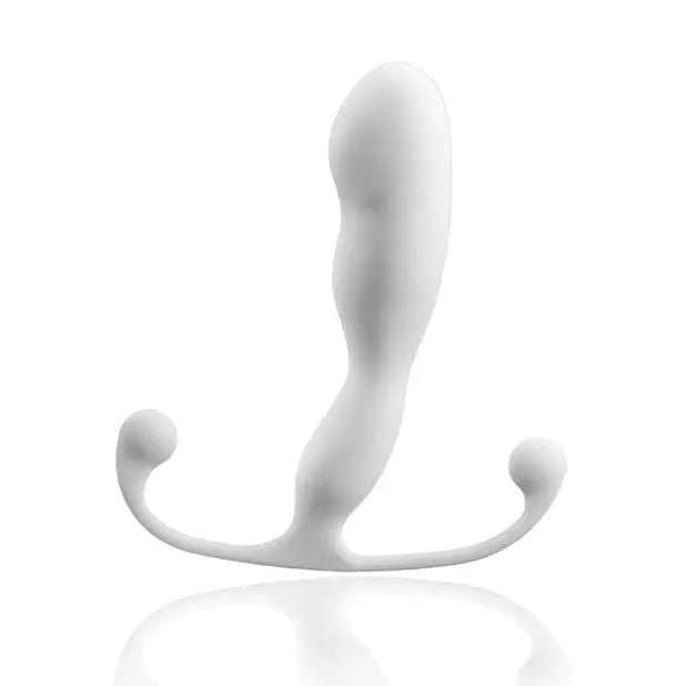 White silicone Aneros Trident Series prostate massager with dual ends and curved shape