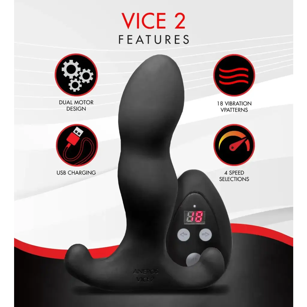 Aneros Vice 2 Rechargeable Remote-Controlled Vibrating Prostate Stimulator - Black - Powered Butt Plug