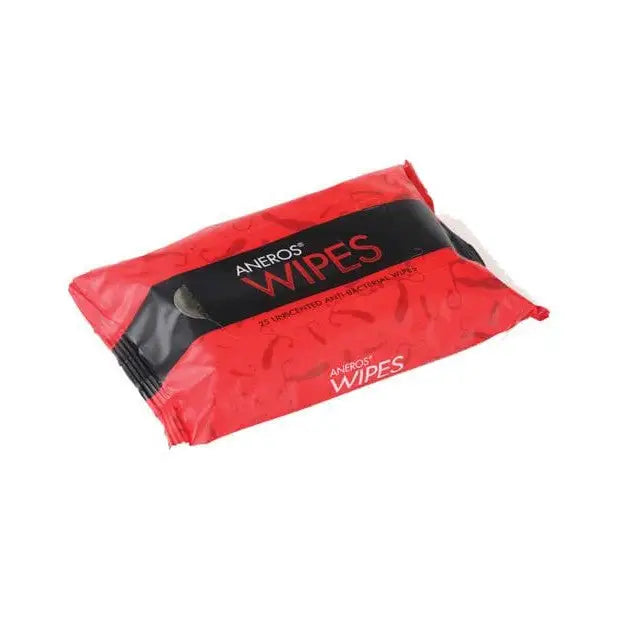 Red and black package of Aneros anti bacterial wipes displayed in Aneros Wipes product