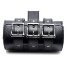 Close up of Arm Binder’s black leather cuffs with silver buckles and adjustable strap measures