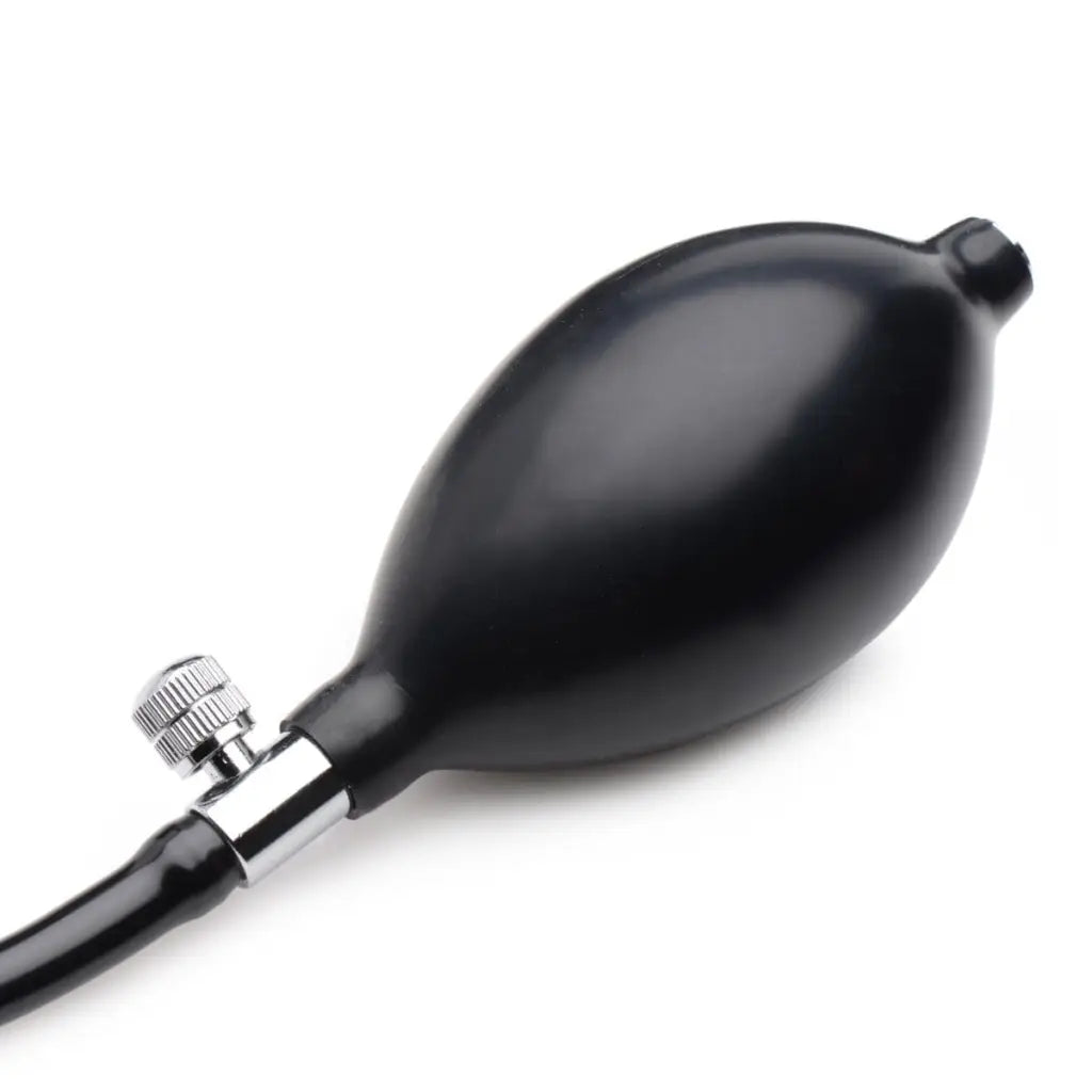 Ass-pand large inflatable silicone anal plug with black rubber bulb and metal valve