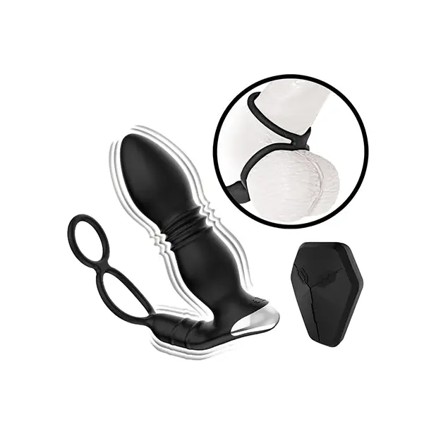 Ass-station Remote Prostate Power Plug w/Cock & Ball Ring - Black - Anal Products