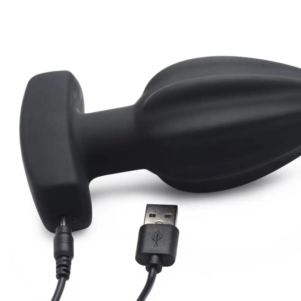 Black Assterisk 10X Ribbed Silicone Butt Plug with USB Charging Cable - Vibrating Anal Toy