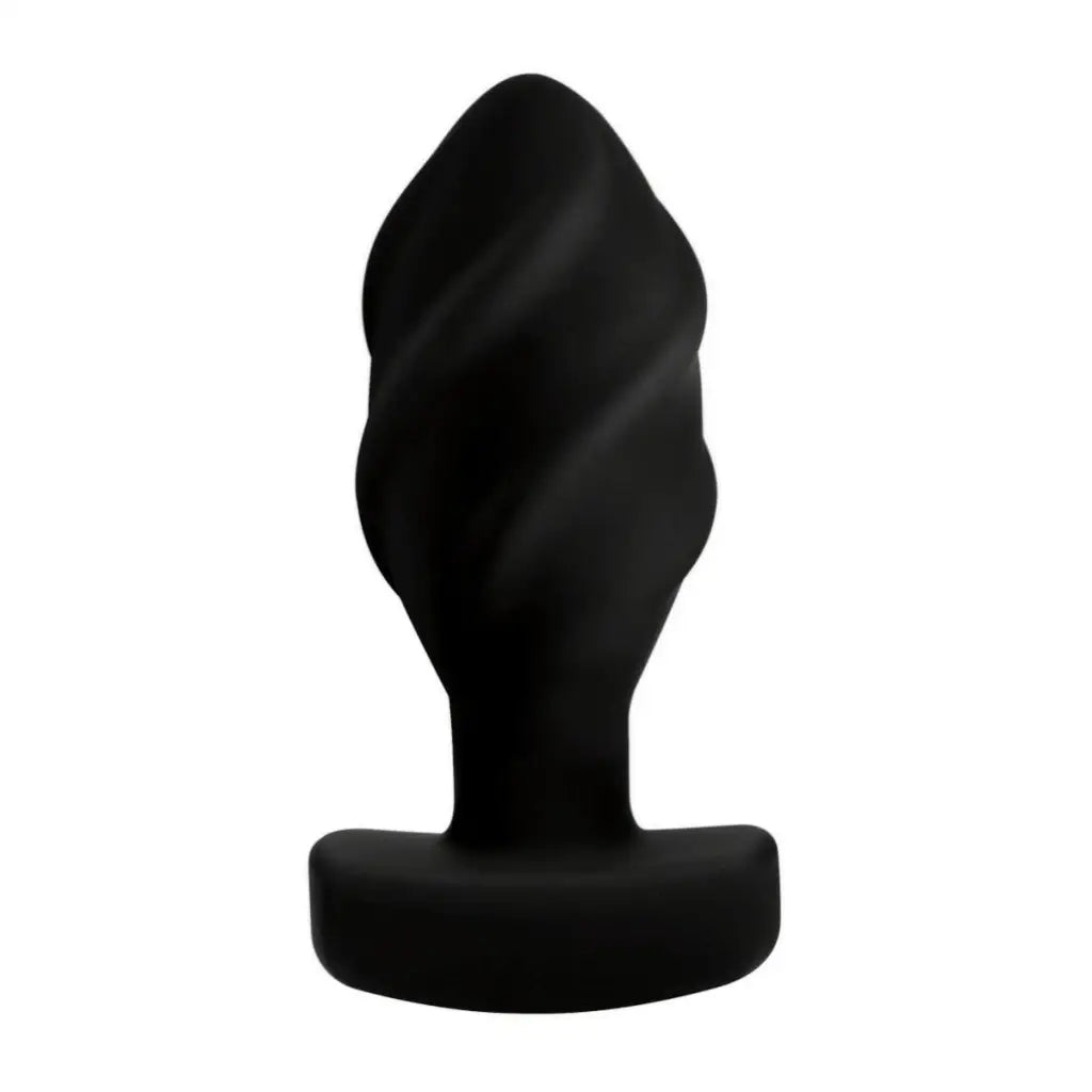 Driller 10X Swirled Silicone Vibrating Butt Plug with curved, tapered shape and flared base