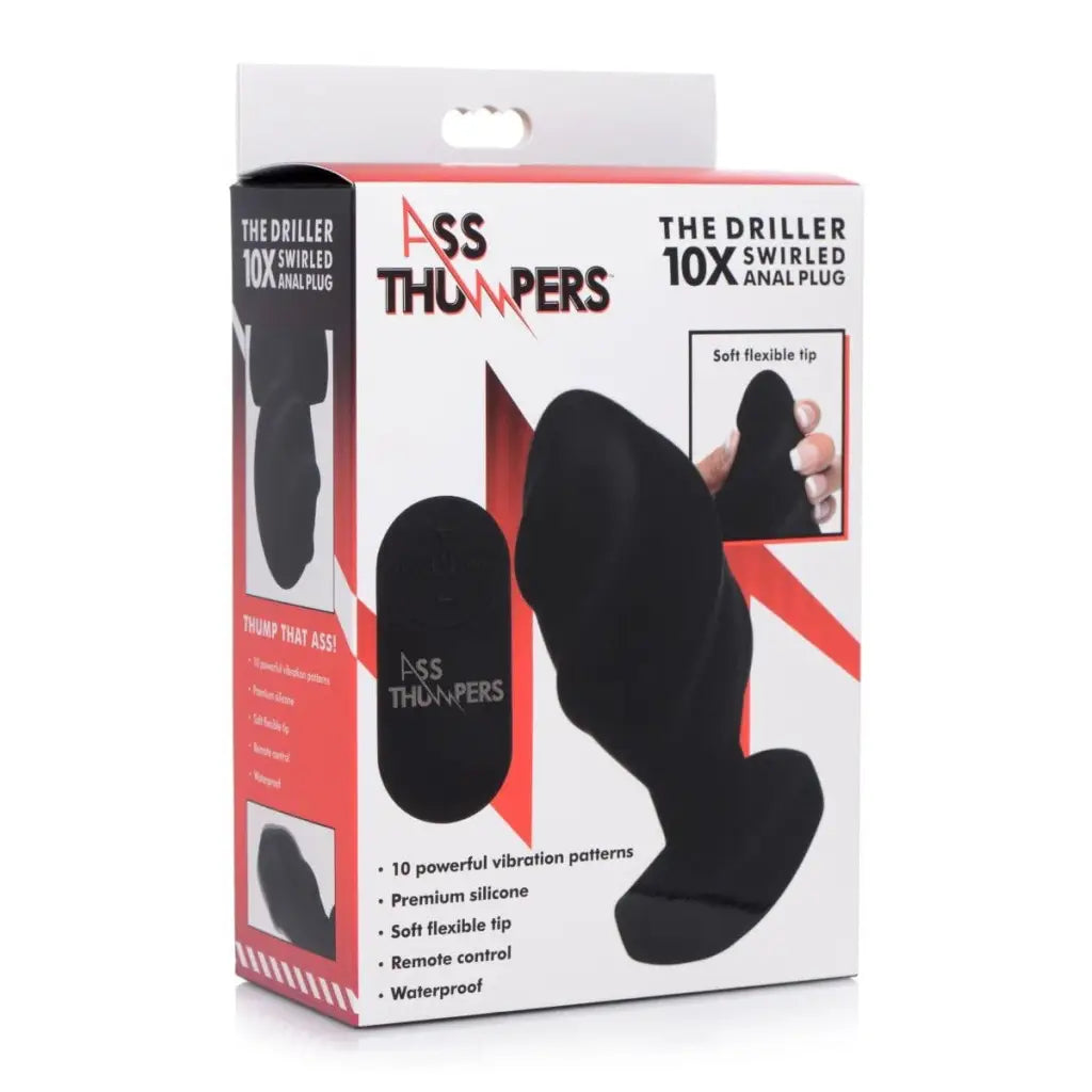 Black silicone vibrating butt plug with remote - Driller 10X Swirled by Ass Thumpers