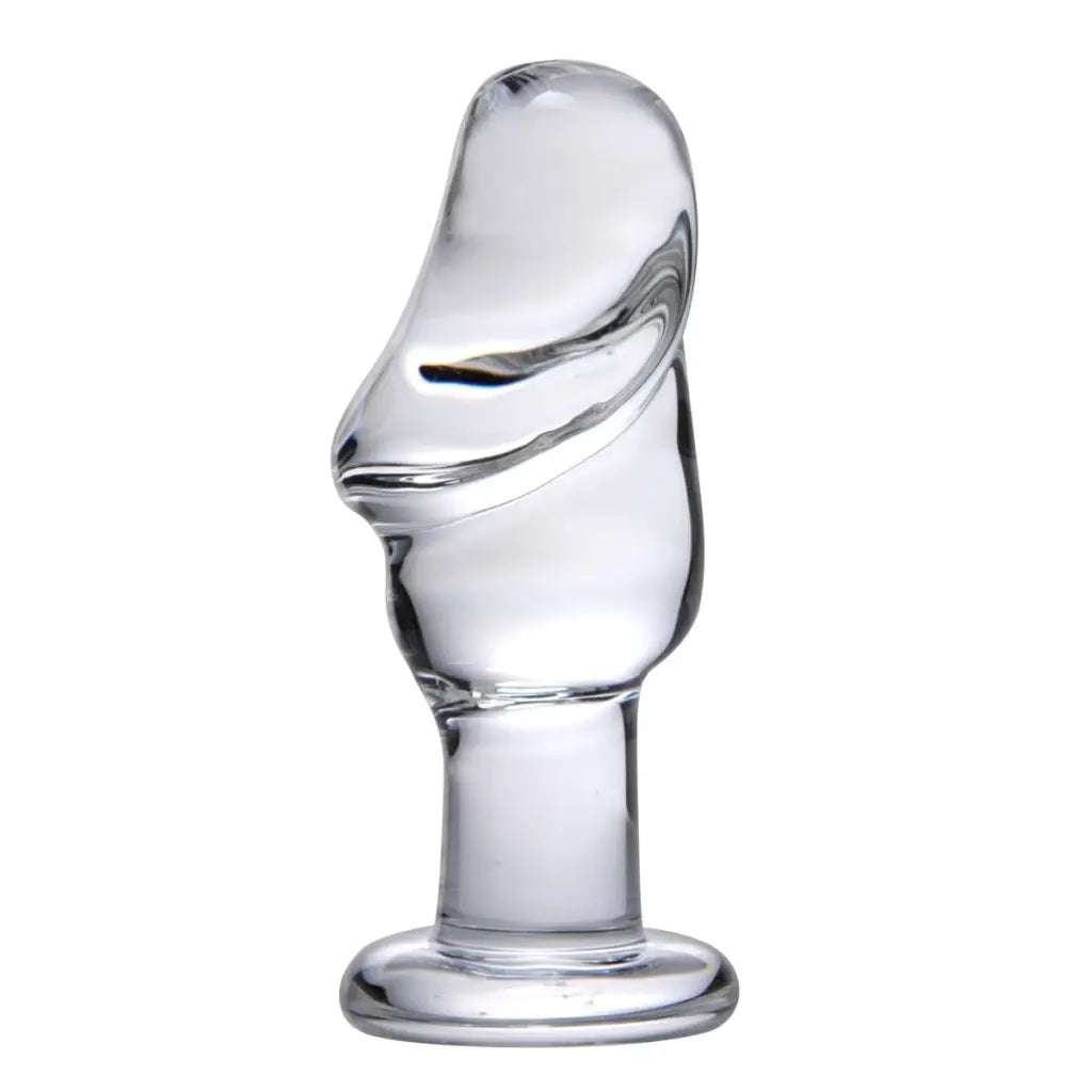 Asvini Glass Penis Anal Plug: Clear, smooth, curved glass anal plug for pleasure