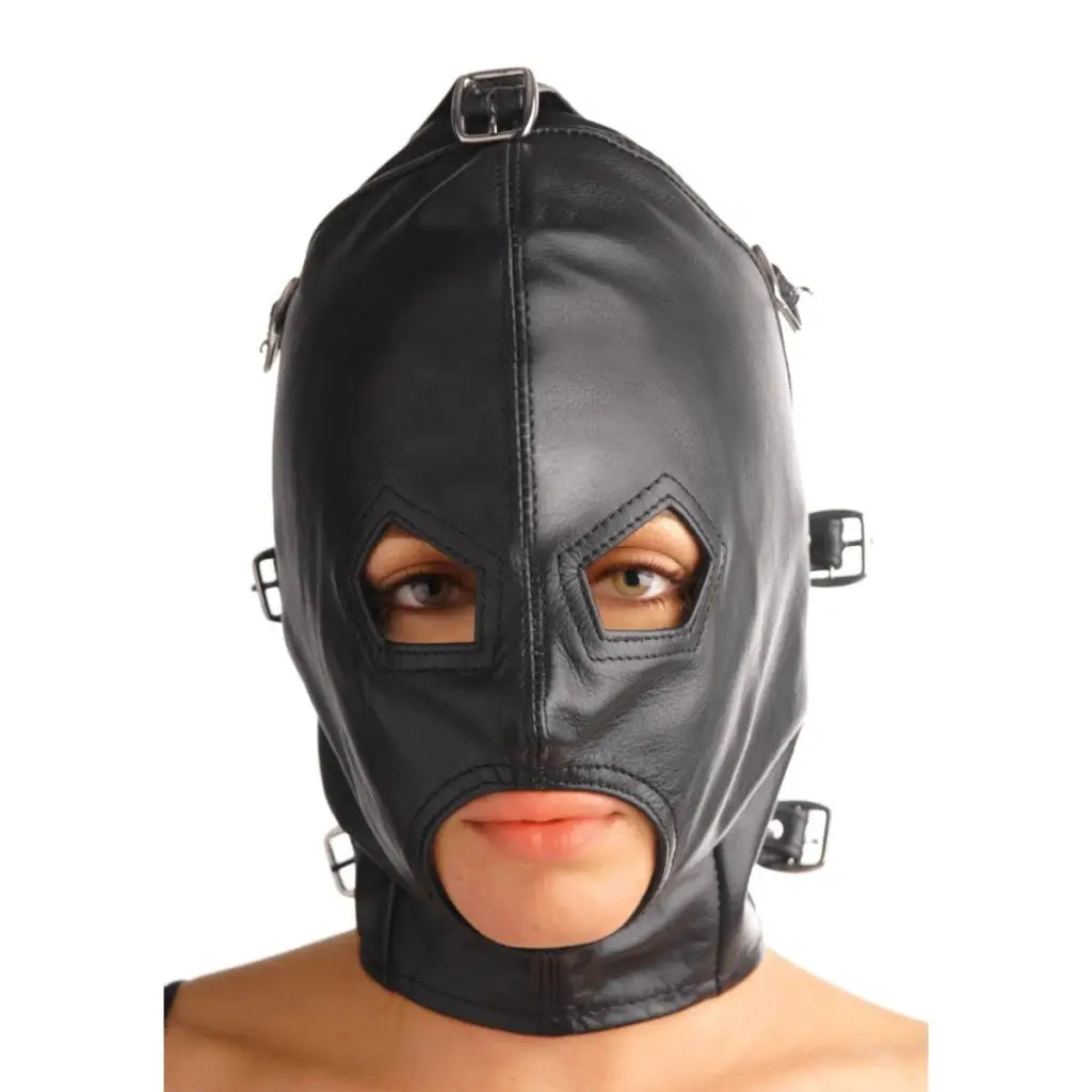 Asylum leather hood: Black bondage mask with eye and mouth openings, blindfold and muzzle