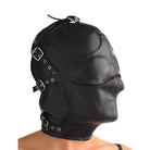 Asylum Leather Hood with Removable Blindfold and Muzzle - Black Bondage Hood with Buckles