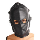 Asylum leather hood with removable blindfold, muzzle, and eye-opening bondage mask