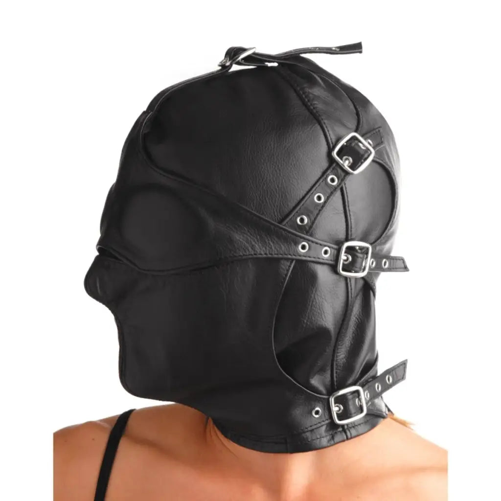 Black leather hood with buckled straps and zipper from Asylum Leather Hood collection