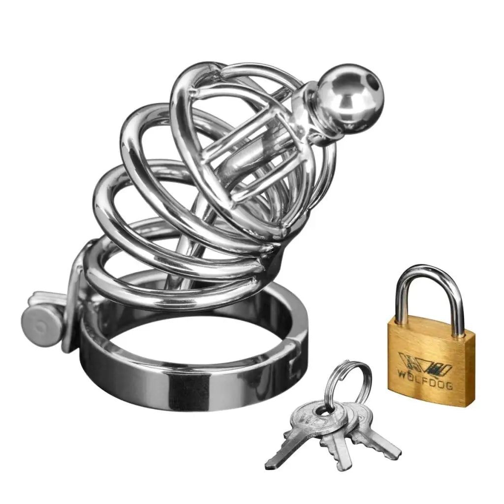 Asylum Ring Locking Chastity Cage: Metal spiral design with padlock and keys