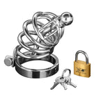 Asylum Ring Locking Chastity Cage: Metal spiral design with padlock and keys