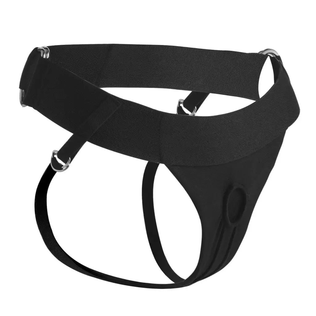 Black Avalon Jock Style Strap On Harness with adjustable straps and metal rings