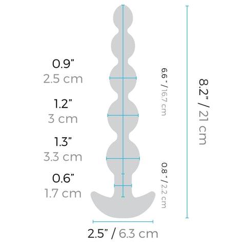 Silhouette diagram of b-Vibe Cinco anal beads with measurements for precise sizing.