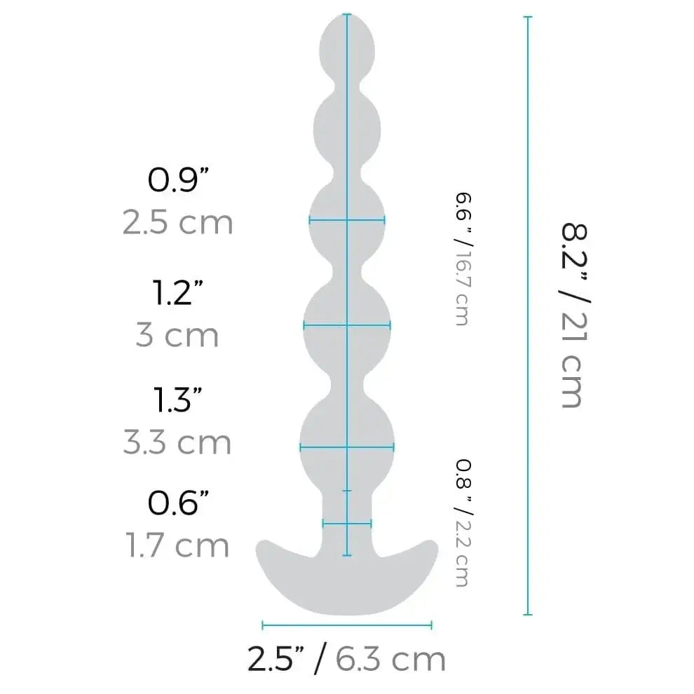 Diagram of b-Vibe Cinco Anal Beads with long tail for enhanced stimulation