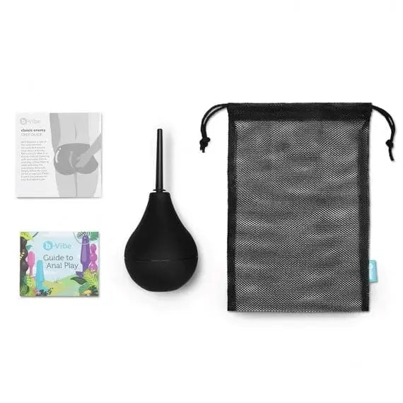 b-Vibe Classic Enema Bulb with black bag and contents displayed professionally