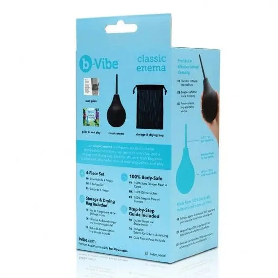 Close up package of b-Vibe Classic Enema Bulb hair products on a white surface