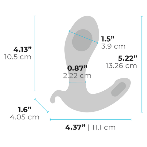 b-Vibe Expand Plug: Curved anatomically-shaped intimate device with labeled dimensions.