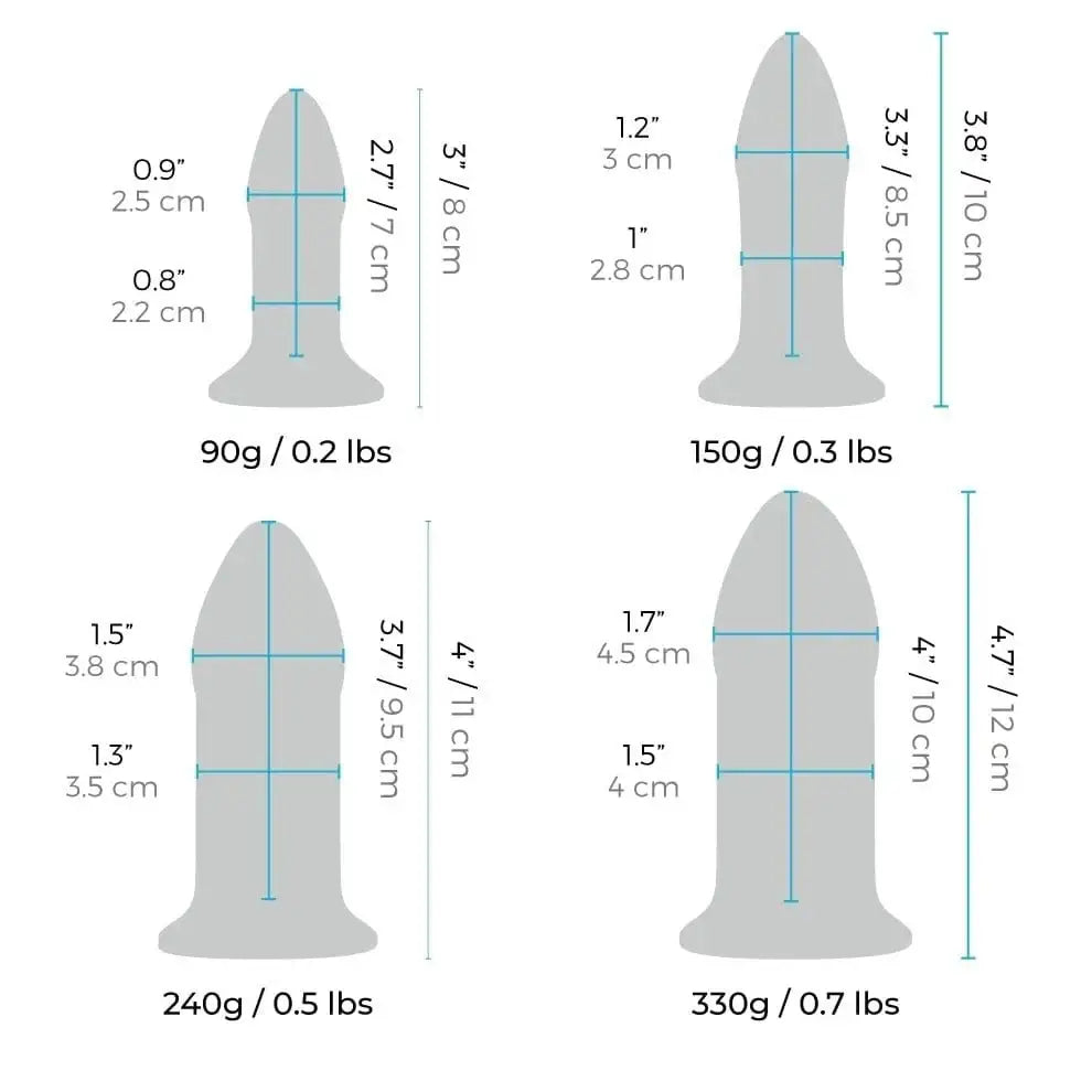 Dimensions of the b-Vibe Glass Anal Dilator 4 Piece Set and its glass anal tools