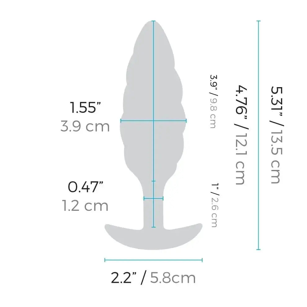 Diagram of b-Vibe Medium Texture Plug with large base, long tail, and small plug