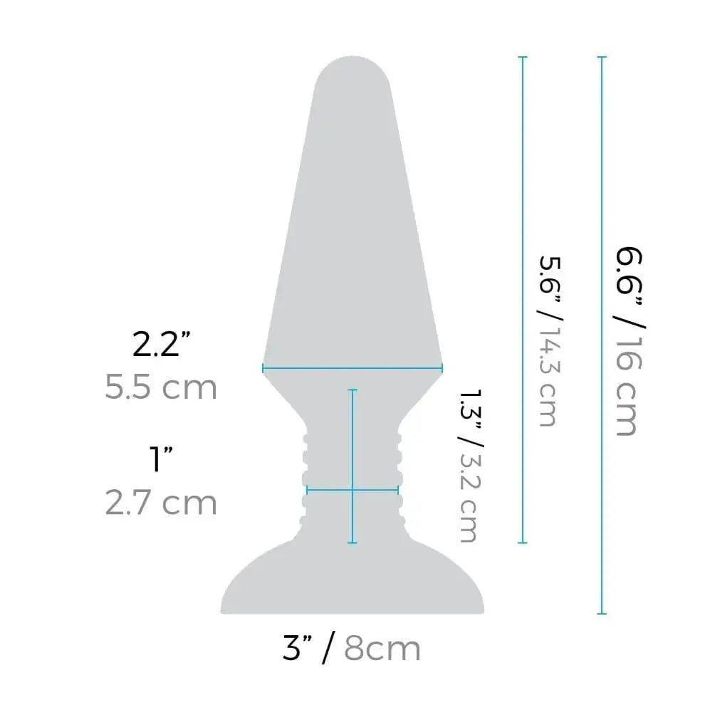 Diagram of the b-Vibe Rimming Plug XL, a large white cone-shaped vibrating plug with remote