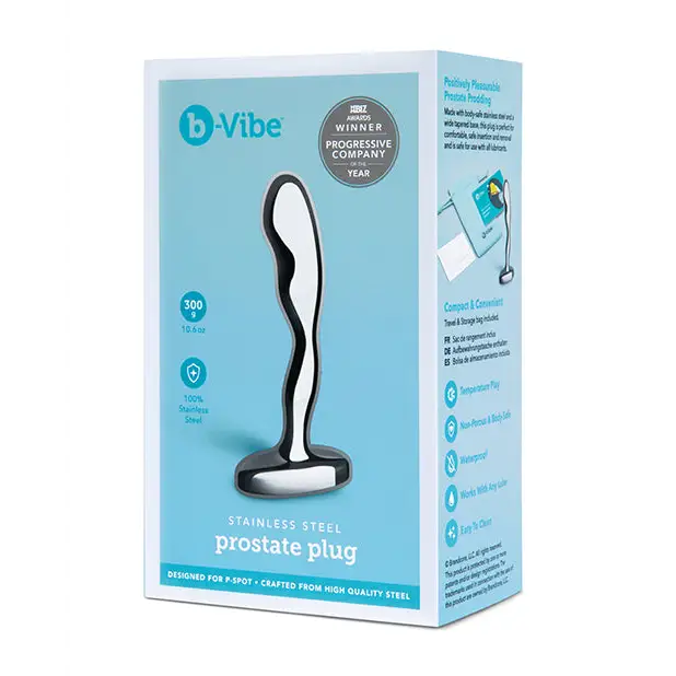 Close up of b-Vibe Stainless Steel Prostate Plug package with branding and details