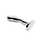 b-Vibe Stainless Steel Prostate Plug with a stainless spoon and black handle for precision use