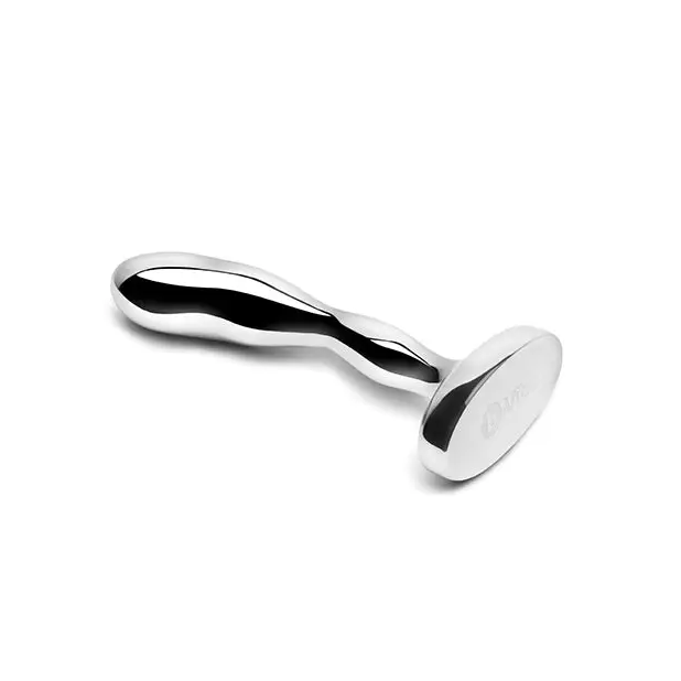 b-Vibe Stainless Steel Prostate Plug with a stainless spoon and black handle for precision use