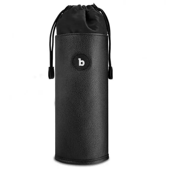 Black leather wine bottle bag displayed with b-Vibe UV Sterilizer Pouch for sex toys